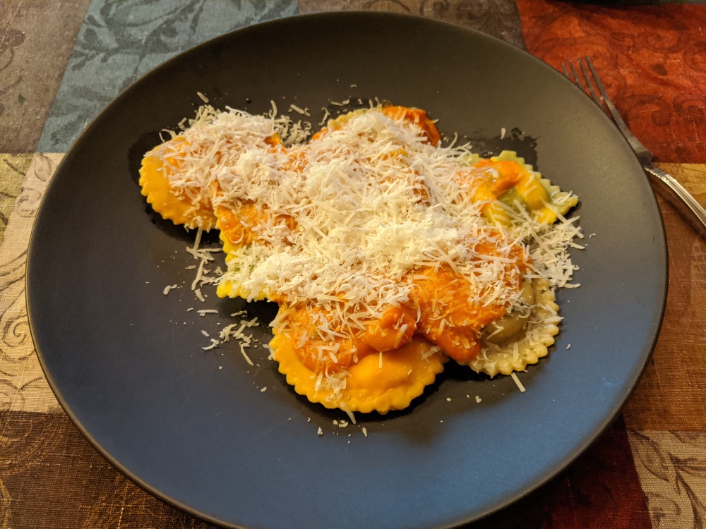 Connecticut :: Carla's Pasta new lobster and butternut squash jumbo ravioli with added sauce and grated parmesan