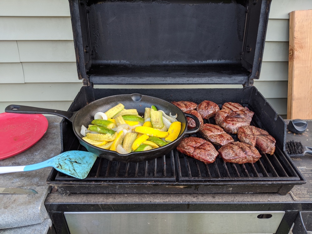 My Backyard :: Steaks with squash, zucchini, onions on the cast iron