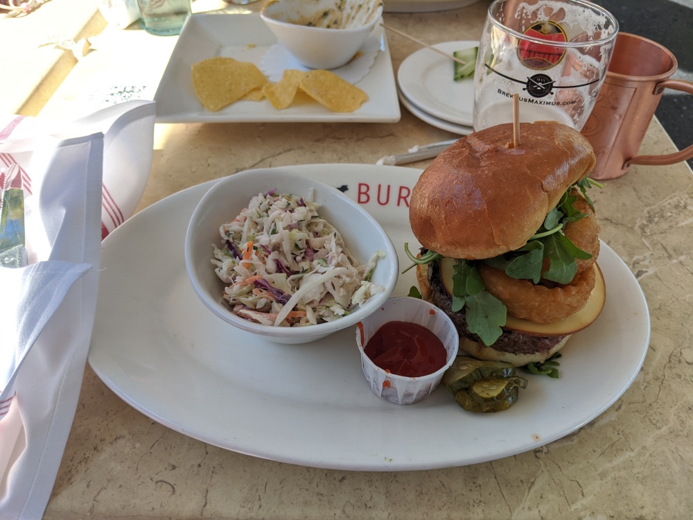 Max Burger, LaSalle Road, West Hartford, CT, USA :: some sort of big burger and coleslaw. their menu item names are great, COVID-19 themed!!! interesting. had their Brewtus Maximus beer