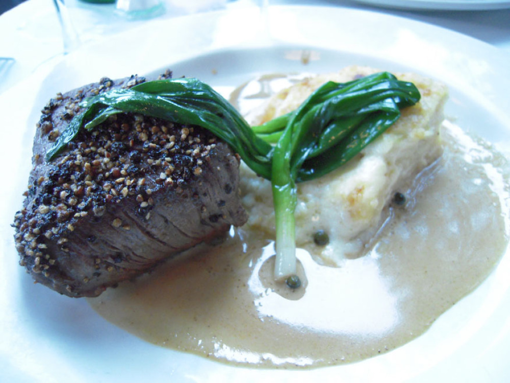 Aquitaine, Boston, MA :: filet mignon au poivre was damn good... could have been larger but I guess 8oz was fine... the table came with lots of silverware and I used everyone I could get my hands on!" I had them cook it rare!