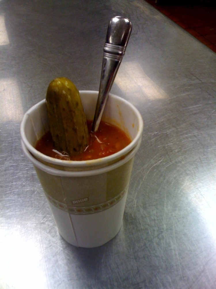 Marriott Kitchen Cambridge, MA :: this was some soup that the chef made for dinner... i put a pickle in my cup because I wanted a pickle but had no where else to put it... it made the soup taste like pickle... my pickle got warm... but its cool it just had less crunch and it was a warm pickle