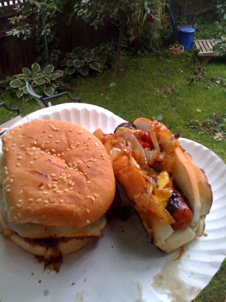 My House Cambride, MA :: I like to eat hamburgers that I make my self! Nothing fancy with this burgerâ?¦. Also is a hot dog on my plate topped with lots of caramelized onions! I asked the guy at the cheese desk at the store to cutt me some think slices of Munster cheese!