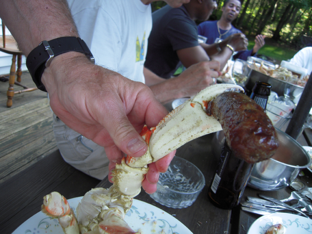 Parents House Milford, NH :: this is a crab trying to eat a sausage!!!! the crab was dead and so was the sausage... 