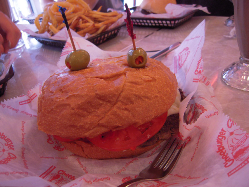 Cheeburger Cheeburger :: this is a 3/4 pound burger with eyes! they had a 1 pounder on the menu but I didnt want to show off!!!