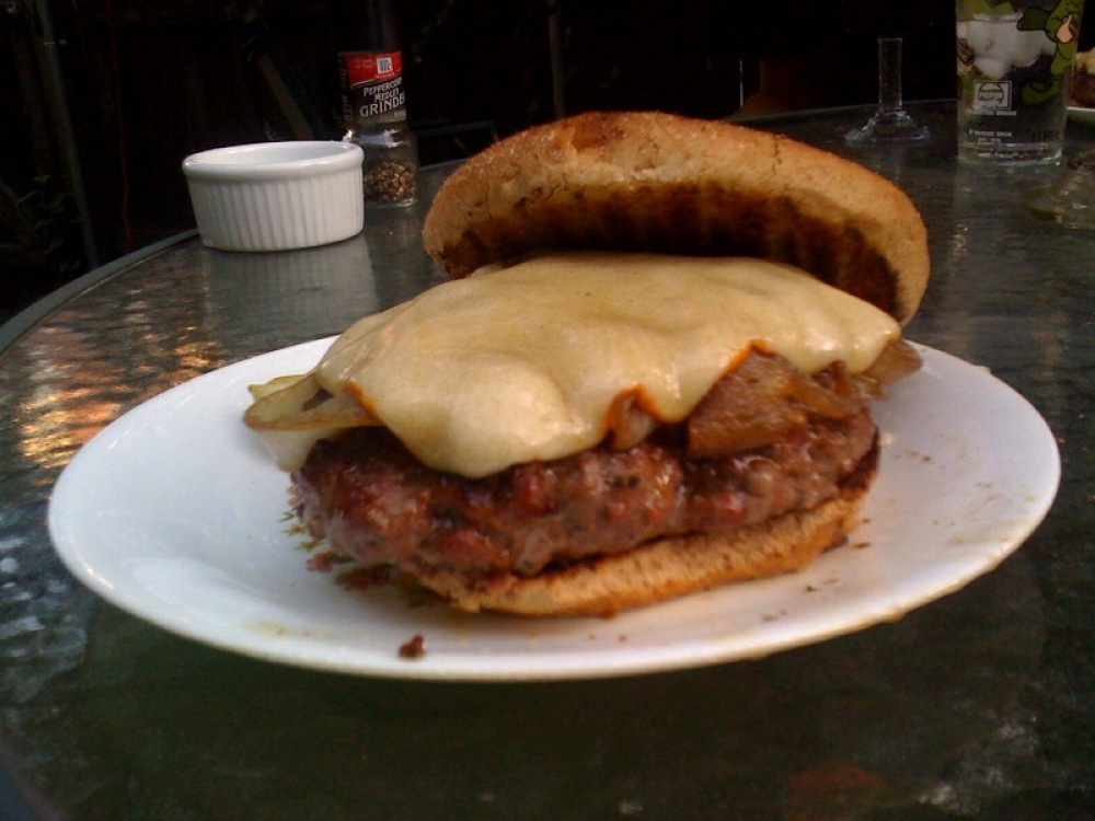 My House Back-YardCambridge, MA :: I call this a "Man Burger". it was home made by my self and eaten by the same!!! it had cheese on it!!! and I had some pickles on the side of my plate