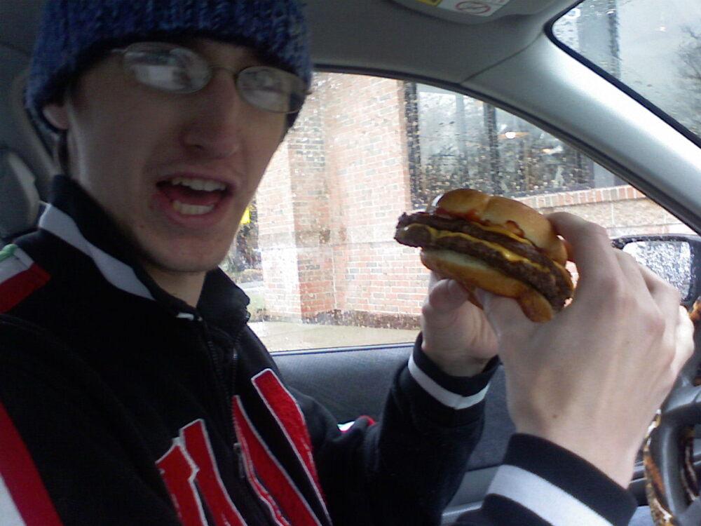 Wendy's parking lot, Samantha's car :: I got a Baconator combination meal from Wendy's. had like 5 pieces of bacon, was tasty. yummmmmmmmmm