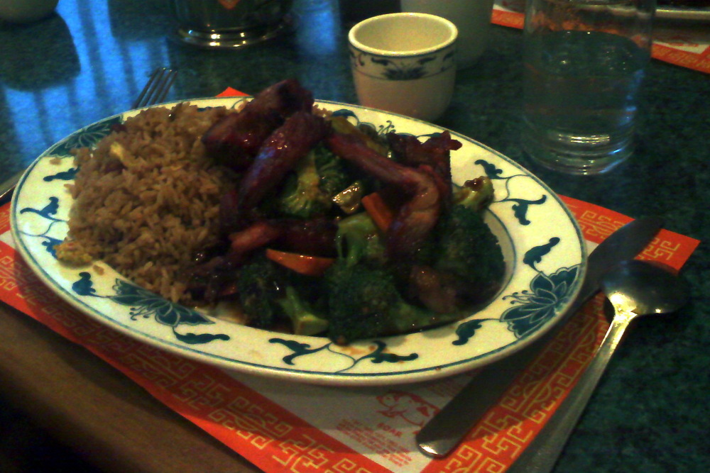 Golden Palace, Milford, NH :: This meal was Beef and Broccoli, Pork Fried Rice, Hot Yellow Mustard, Hot Brown Tea, and Water - a delight !!
