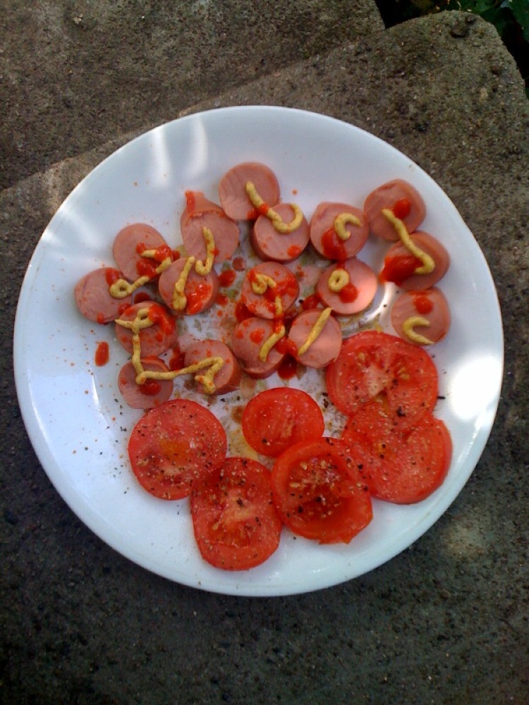 My House Back-YardCambridge, MA :: A fresh garden tomato with S&P-evoo and 2 hot dogs heated up in the microwave sliced n'topped with hot-sauce and mustard...