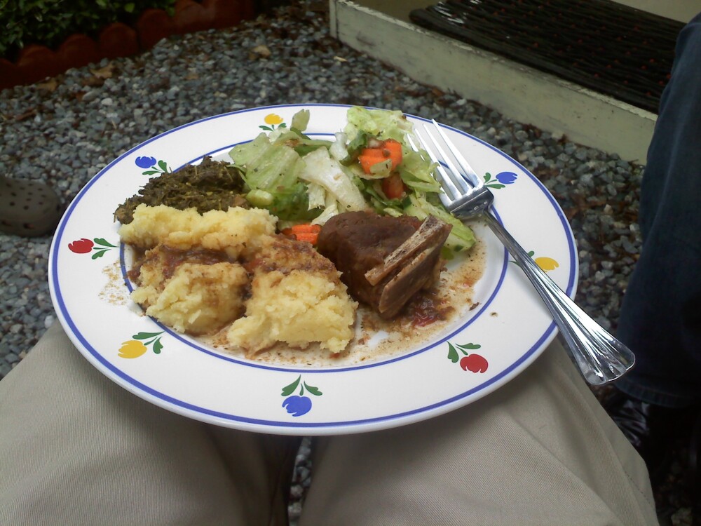 Milford, NH, Justins's House :: Native NH Goat, Fufu (corn), Cassava (with sardines and Habanero Pepper), Salad, and a Rum & Coke.  A really great African meal.
