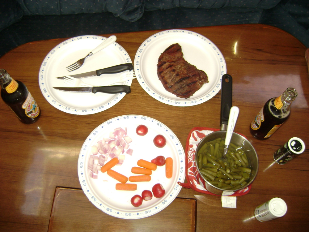 North Channel, Lake Huron, Ontario :: Steak, beans, veggies, and beer aboard the yacht "Ceilidh"