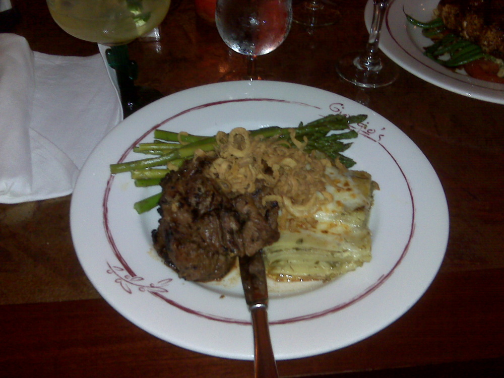 Georgio's Restaurant in Milford NH :: Brother Costa's Sirloin Steak Tips with potato and asparagus.  Cooked medium