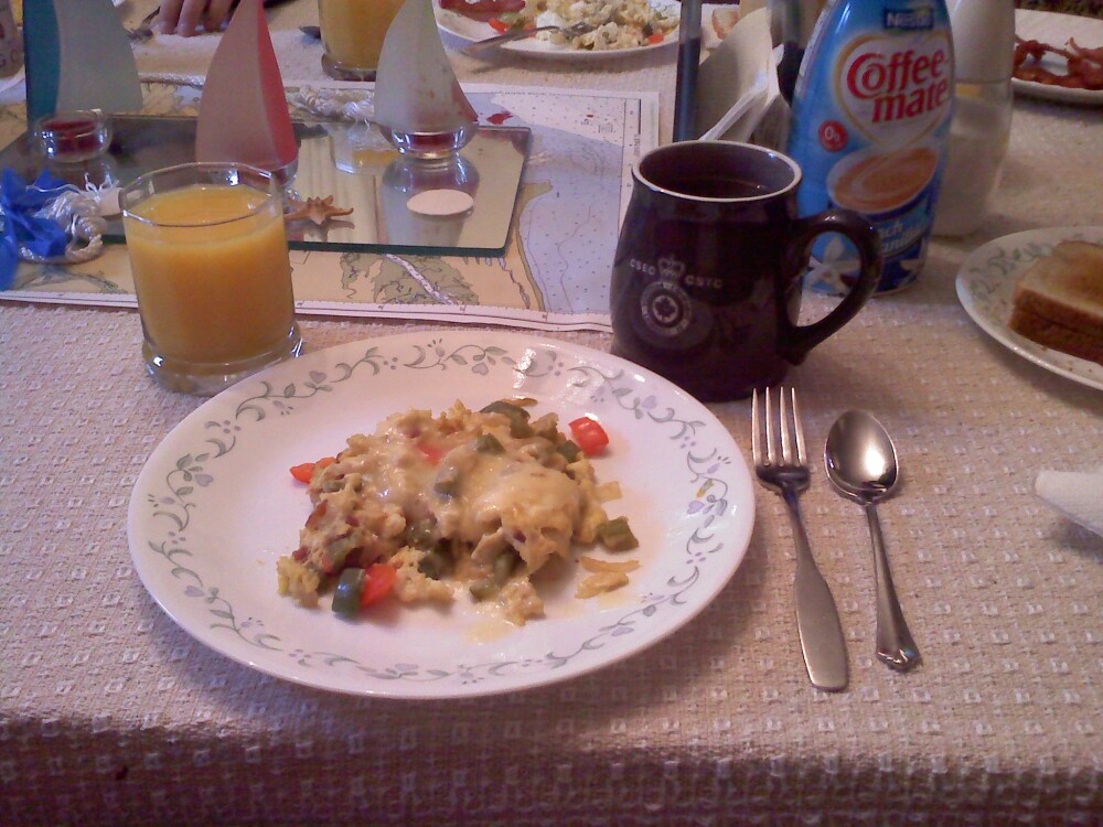 Home, Milford, NH :: 3 Egg omlet with red and green peppers, onion, bacon, cheddar cheese, hot coffee, and orange juice.