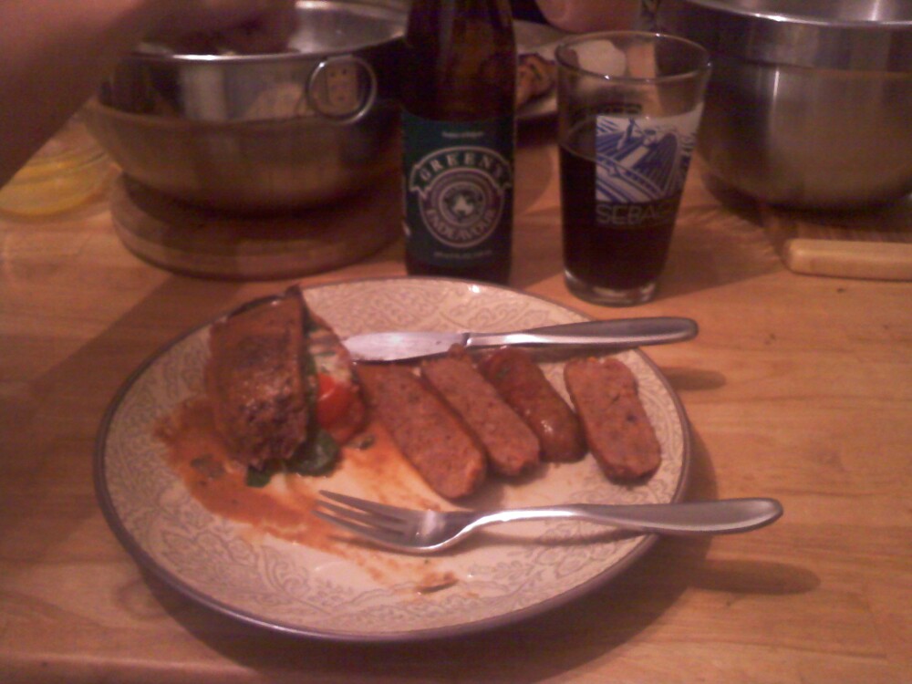 Portland, ME,PJD's House :: Outdoor hardwood grilled dinne - Flank sreak with the works, hot sausage, and Maine Clams, and Green's GF beer