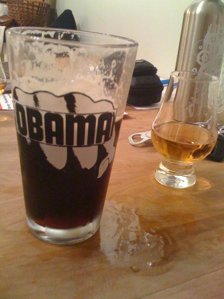Brothers house Portland, ME :: some Midnight Porter from Sebago in an Obama glass and some scotch on the side... they are fists on the glass because Obama punches people!
