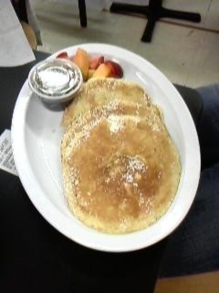 Cambridge  :: Midnight snack! Three huge pancakes with powdered sugar and fresh fruit! 