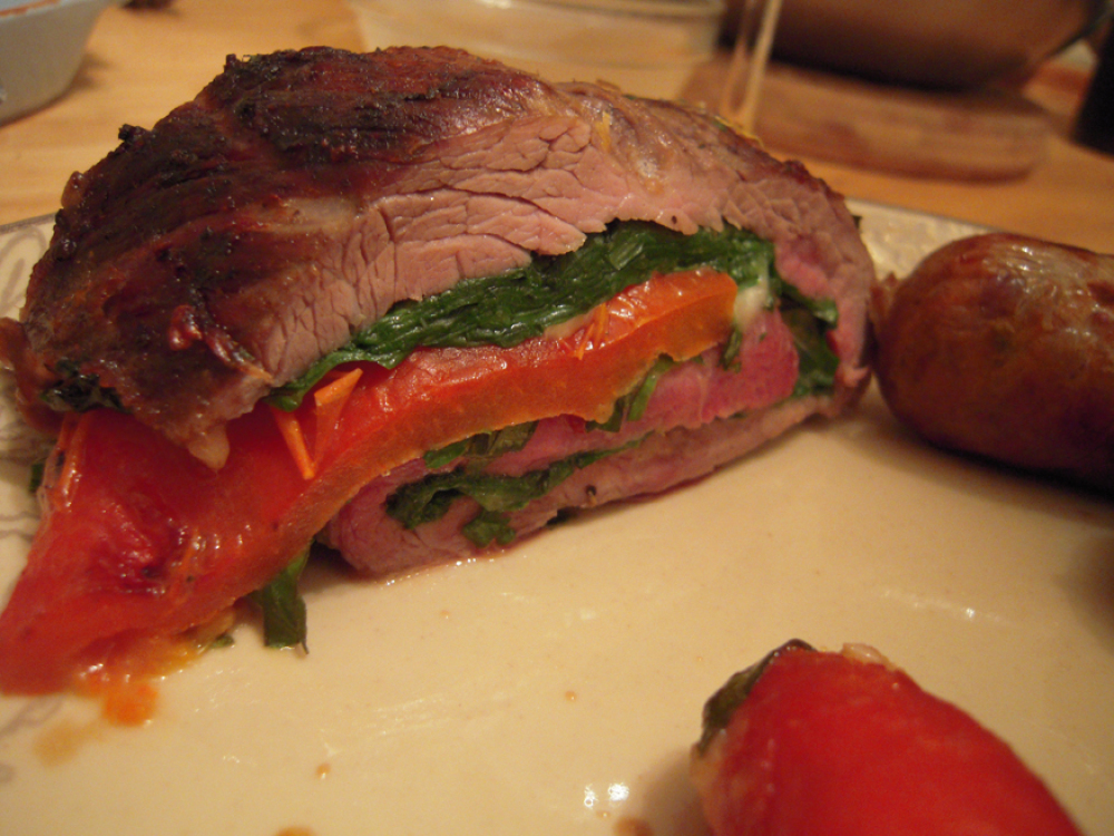 Brothers house Portland, ME :: butter-flied flank-steak with cheese, spinach, roasted red peppers and some other yummie fixns!!!!  