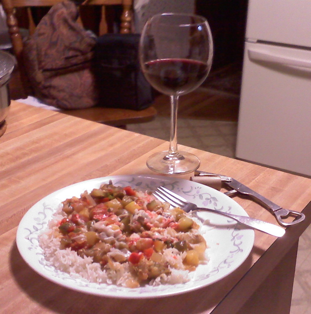 Home, Milford, NH :: White Rice, Ratatouille [ egg plant, zucchini, tomatoes, peppers, onion, garlic, basil, cheese, and a little Love ], Bully Hill Red Wine