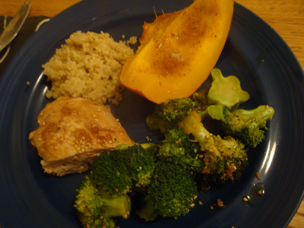 San Francisco :: Homemade chicken in a soy ginger sesame sauce with quinoa, pumpkin and brocolli