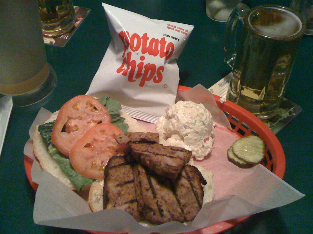 Benny's Cafe, Wocester, MA.  :: meatloaf sandwich, side of potato salad and chips. bud light for a drink.  