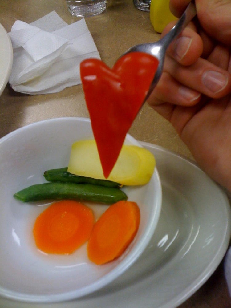 Marriott Calf :: I always order mixed veggies with my meals at work...  the other day I had zucchini, pea pods, and some red pepper... this one looked like a heart!  looks good!