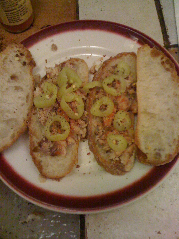 My House Cambridge, MA :: Sardines sandwich... topped with banana peppers S&P along with some good bread!   