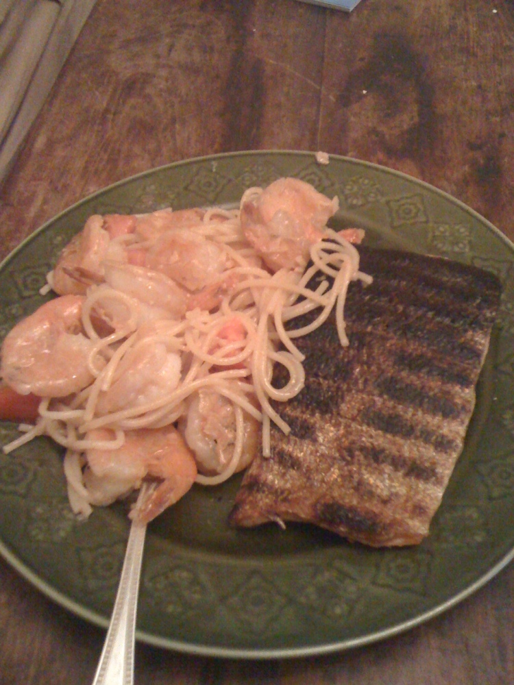 My House Cambridge, MA :: Grilled Salmon... I over cooked it a tad... I like salmon rawish in the middle...  I was at the market and saw some peel and eat shrimp... tossed some noodles+shrimp in a garlic butter white wine sauce welcome to yummie time!