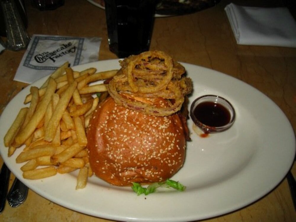 Cheesecake Factory, Boston :: i got a double bbq burger! it was covered in fried onions and had a good side of fries! 