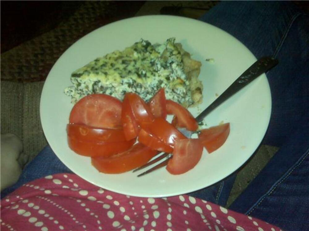 My house, Rochester, NH :: Spinach and ricotta cheese pie with a side of fresh tomatoes.