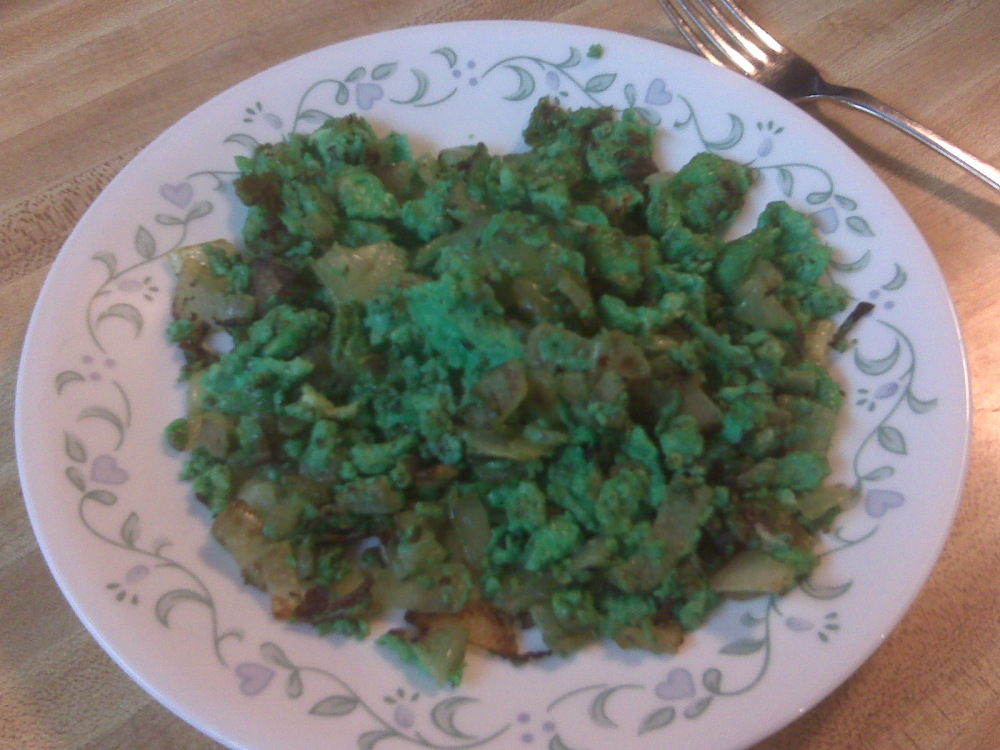 Milford NH :: I made some scrambled eggs with onions.  I added green food coloring for fun