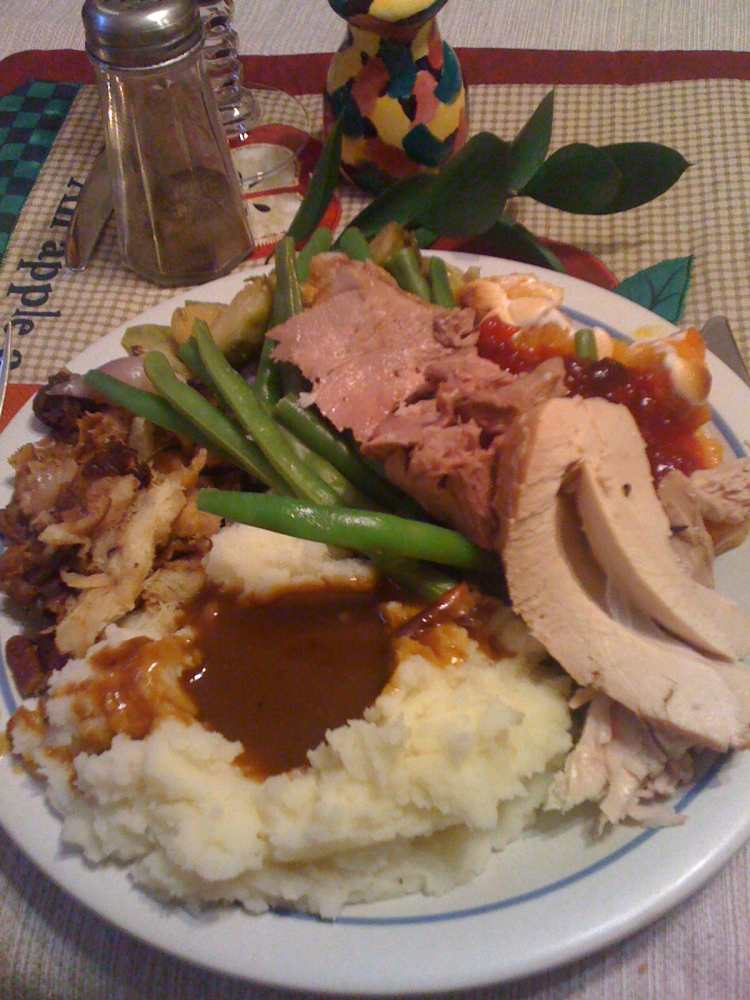 Uncles House :: Thanksgiving dinner with lots of stuff on the plate... we had pie too... the onions are great!