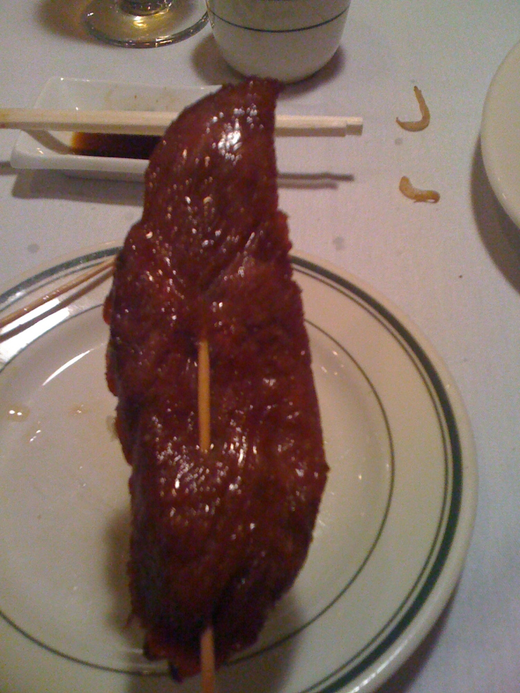 kowloon's Milford, NH :: I got an order of terrika beef on a stick... it was really hot so I started to twist the meat-stick around a little and all the oil spattered all over my shirt... so dont do that!