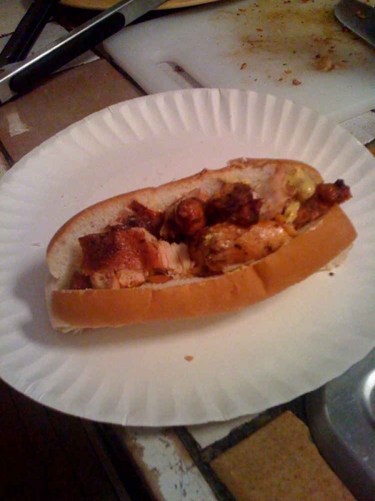 my cambridge house :: tonight was grill time...." I dont know what to call this type of dog yet but... its still not 100% right just yet... but inside was grilled hot sausage, and grilled chicken thia's with some mustard... yeah... but it was damn good!!!!