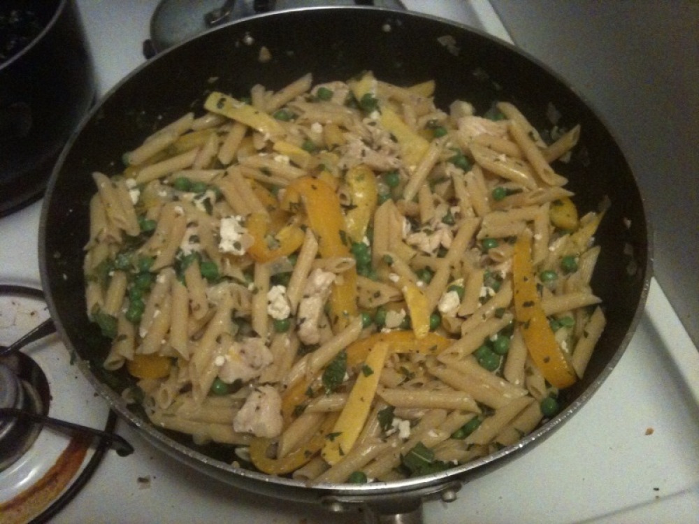 Brooklyn, NY :: Athenian Pasta Primavera!  Zucchini, bell pepper, peas, fresh mint and feta.