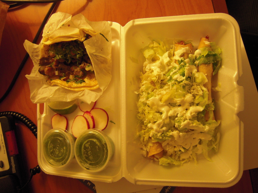 Astoria, Queens (NY) :: Flautas and a carnitas taco from La Flor de Puebla at Astoria Blvd and 38th. Super yummy late night snack with all the fixins, from salsa verde to lime slices and radishes. Real Mexican food!