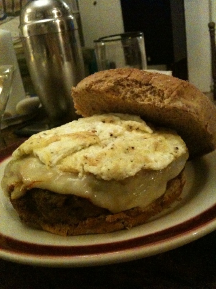 My house Cambridge, MA :: Plate. Bunn, 3/4 lb. burger (med.), diced caramelized onions +garlic, 2 thick slices Munster cheese(melted), 2 flatt egg whites, bunn = this burger! 