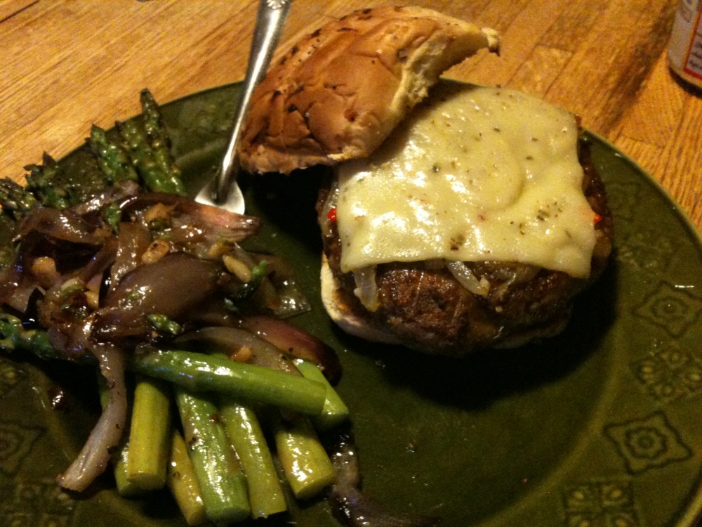 My house Cambridge, MA :: this is not a shrimp burger!  it was a beef burger with a side of asparagus!