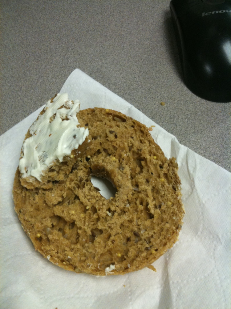 Marriott back room :: growing up I would have called this a "Bird Seed Bagel" with cream cheese but today I call it a "Whole Grain Bagel" with cream cheese 