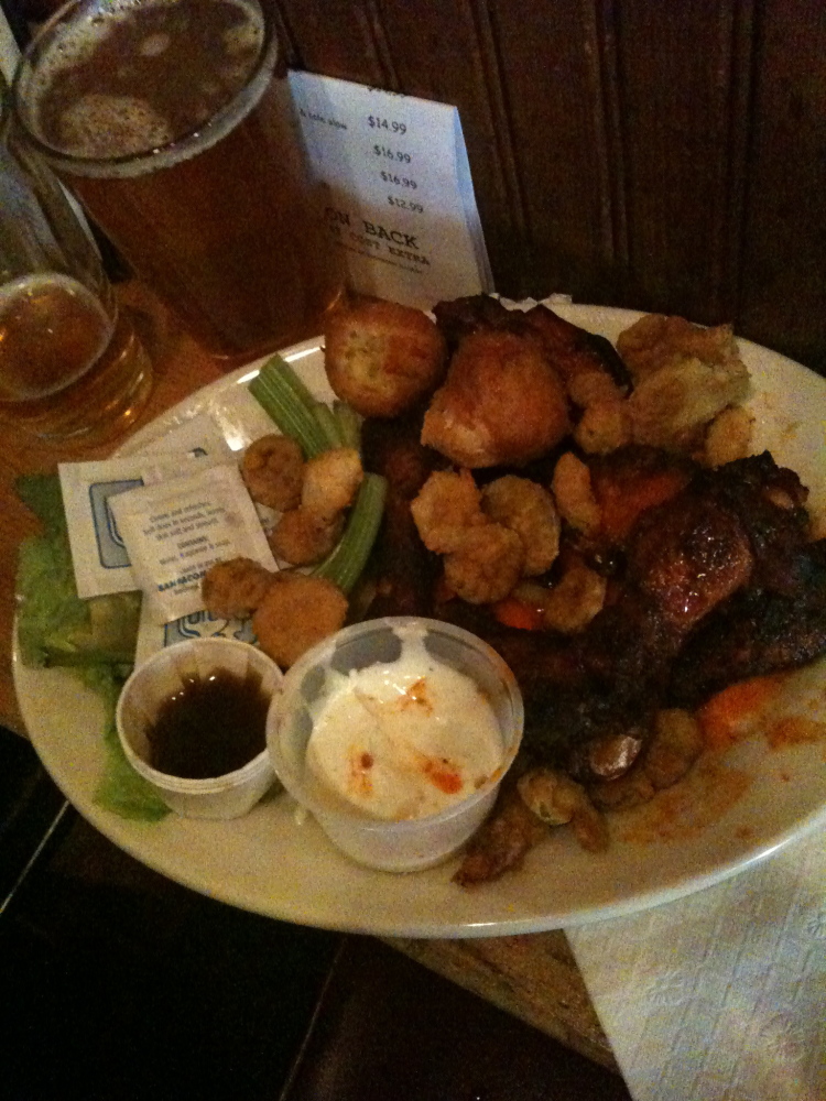 Red Bones BBQ - Somerville, MA :: Mon-Fri you can order 1/2 price Apps at Red Bones so this is what I ordered (1 of 3 large plates to save table space) the bartender asked how many people this was for... I said 3... he said oh you have lots of food.. I said GOOD!

Hushpuppies
Catfingers
Fried Oysters
Buffalo Shrimp
Buffalo Scallops
Chicken Wings
Fried Pickles 