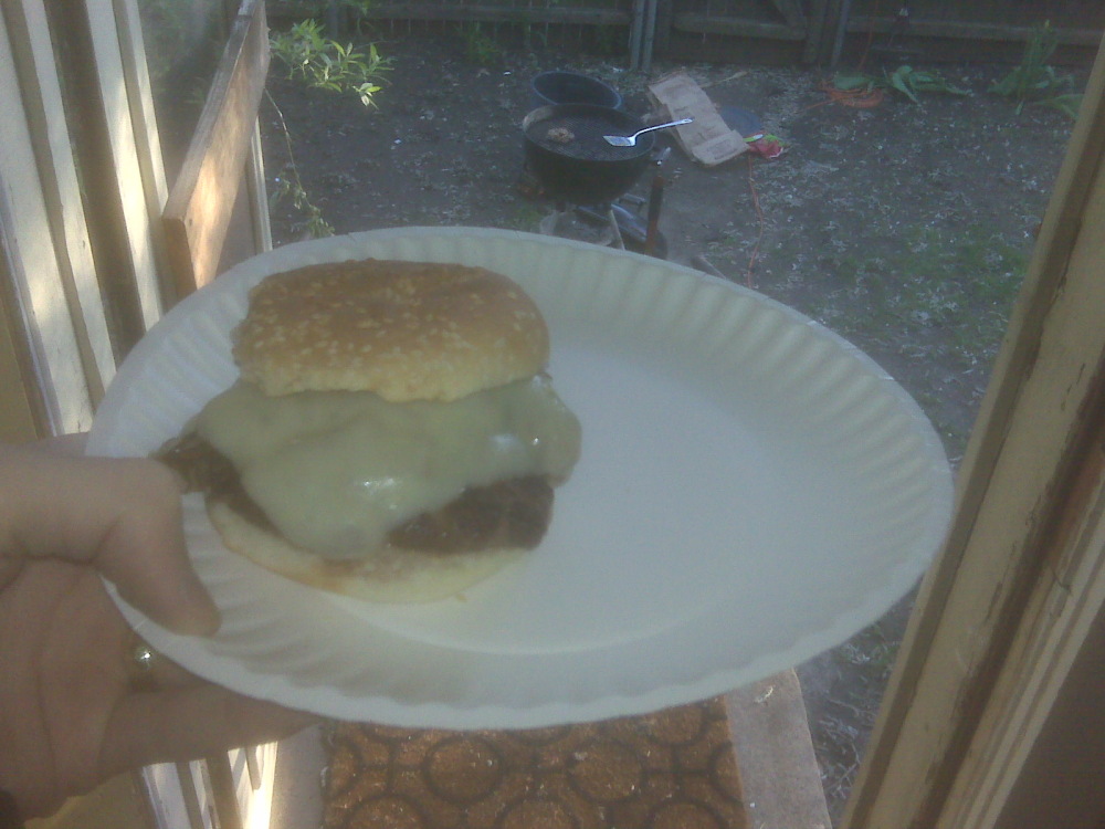 Mike D's House Cambridge MA :: Awesome burger... topped with nicely caramelized onions fused on top with american cheese